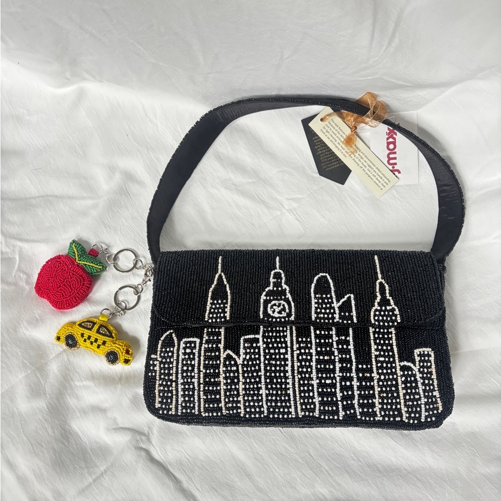 Black Beaded Cityscape Handbag